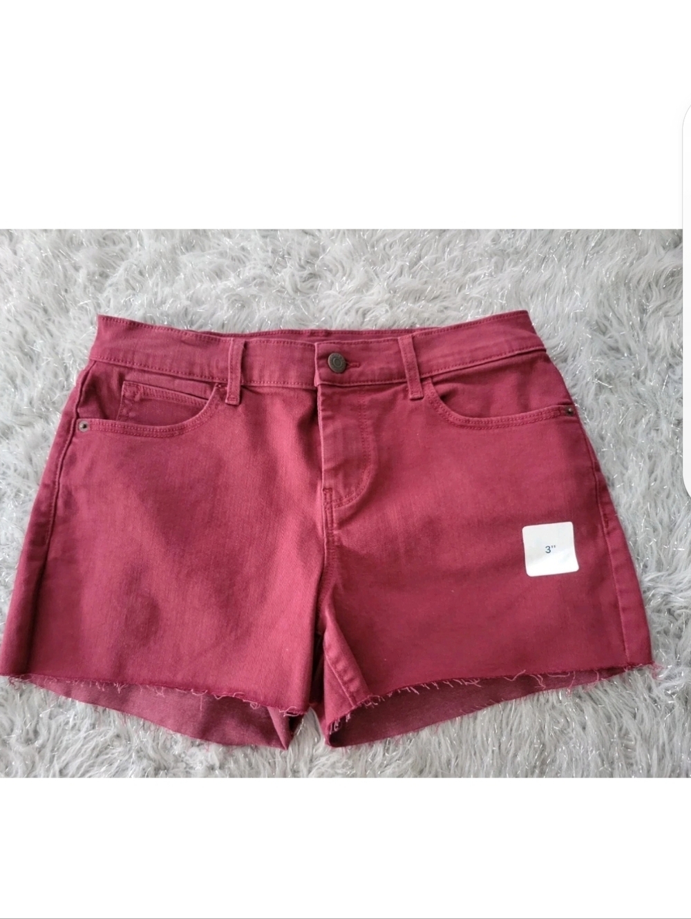 NWT Y2k Old Navy Boyfriend Mid Rise Denim Jean Shorts Raw Hem Maroon Stretch 6
